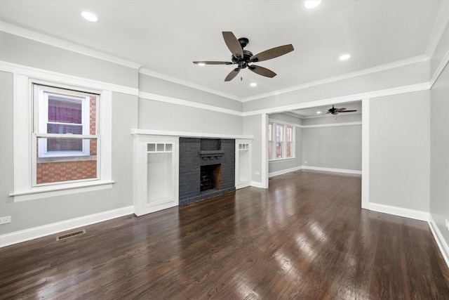 unfurnished living room featuring a ceiling fan, wood finished floors, recessed lighting, a fireplace, and crown molding