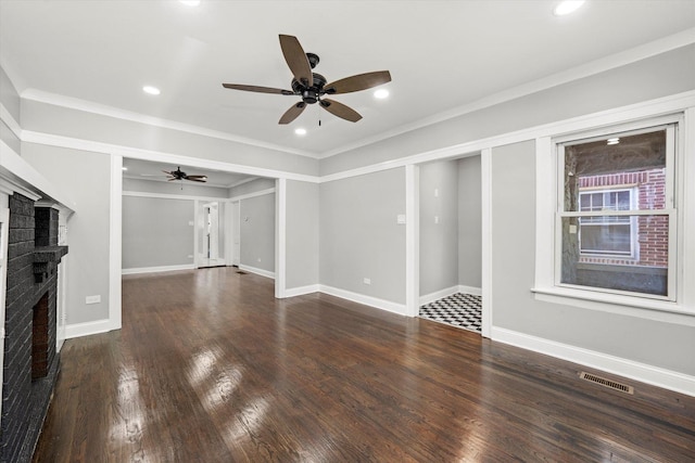 unfurnished living room with a fireplace, ceiling fan, wood finished floors, crown molding, and recessed lighting