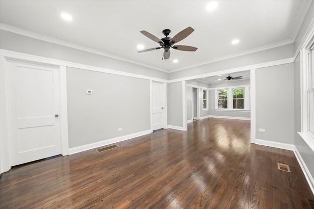 unfurnished living room with a ceiling fan, dark wood-style flooring, recessed lighting, and crown molding