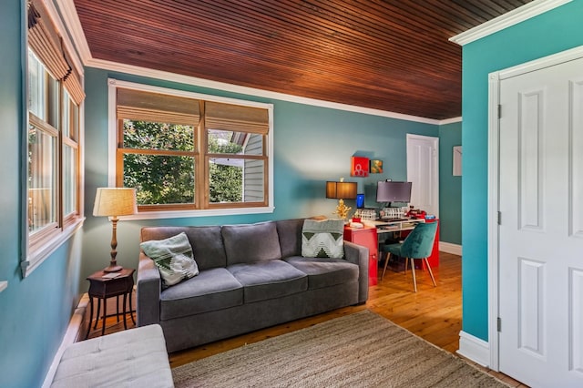 1422 Wesley Ave, Evanston, IL 60201 - living room with ornamental molding, plenty of natural light, wood finished floors, and wooden ceiling