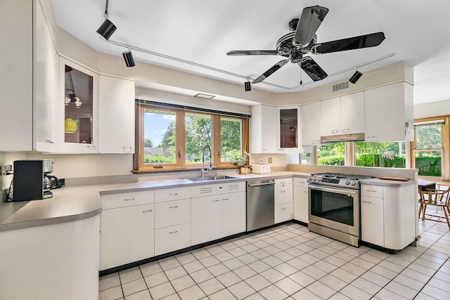 306 Wing Park Blvd, Elgin, IL 60123 - kitchen with appliances with stainless steel finishes, light countertops, under cabinet range hood, white cabinetry, and a ceiling fan