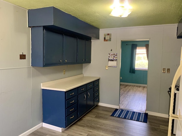 3122 Arlington Dr, Princeton, IL 61356 - kitchen with blue cabinets, dark wood-style floors, a textured ceiling, and light countertops