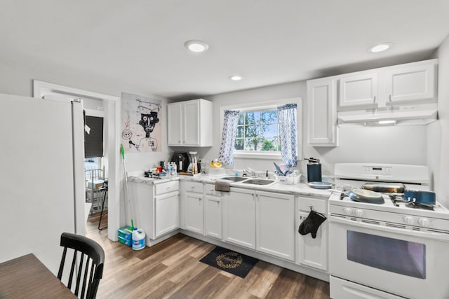 305 Irving St, Joliet, IL 60432 - kitchen featuring white appliances, under cabinet range hood, light wood finished floors, white cabinets, and light countertops