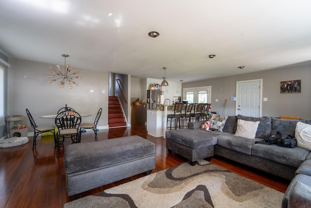 17513 Cypress Ave, Country Club Hills, IL 60478 - living room with stairway, a chandelier, and dark wood-style flooring