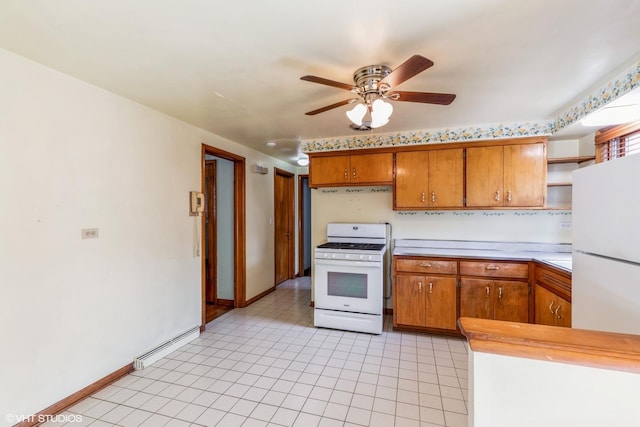 13247 S S Ave M, Chicago, IL 60633 - kitchen featuring white appliances, light countertops, open shelves, a ceiling fan, and brown cabinetry