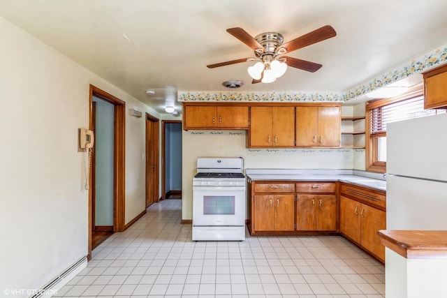 13247 S S Ave M, Chicago, IL 60633 - kitchen with white appliances, light countertops, open shelves, brown cabinetry, and a ceiling fan