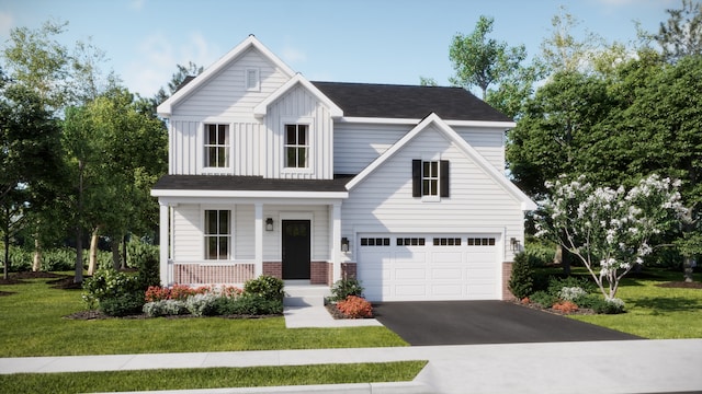 613 Lismore Cir, Elgin, IL 60124 - view of front facade featuring an attached garage, driveway, brick siding, a porch, and board and batten siding