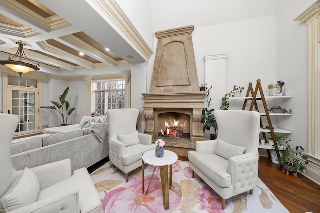 6280 Blackstone Ave, La Grange Highlands, IL 60525 - living area with a fireplace, wood finished floors, crown molding, coffered ceiling, and beam ceiling