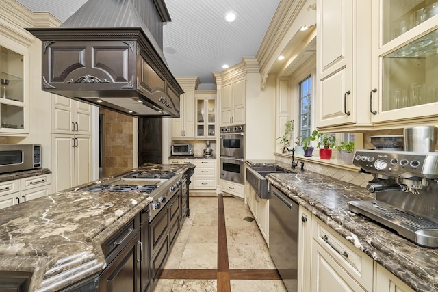 6280 Blackstone Ave, La Grange Highlands, IL 60525 - kitchen with stainless steel appliances, cream cabinets, dark stone counters, backsplash, and recessed lighting