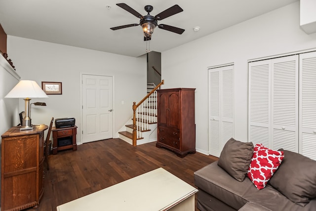 10 Park Ave, River Forest, IL 60305 - living area with stairs, dark wood-type flooring, and a ceiling fan