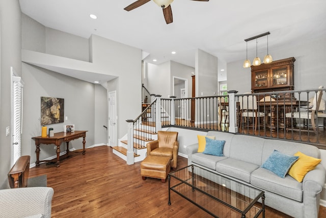 10 Park Ave, River Forest, IL 60305 - living room featuring stairs, wood finished floors, ceiling fan, and recessed lighting