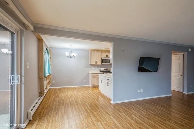 1205 E Hintz Rd Unit 206, Arlington Heights, IL 60004 - unfurnished living room with a chandelier, a baseboard heating unit, light wood-type flooring, and ornamental molding