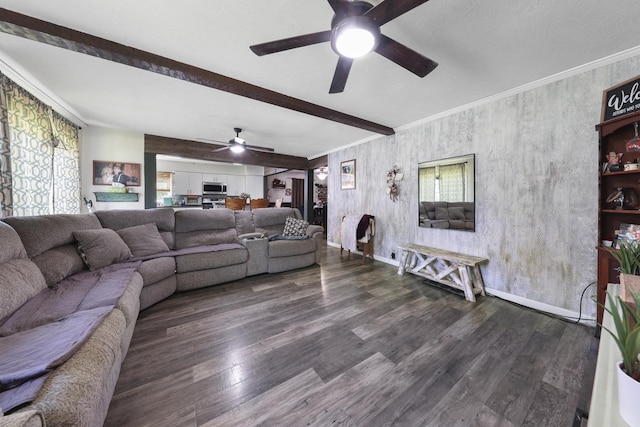 162 Grant St, Seneca, IL 61360 - living room with ceiling fan, beam ceiling, dark wood-type flooring, and crown molding