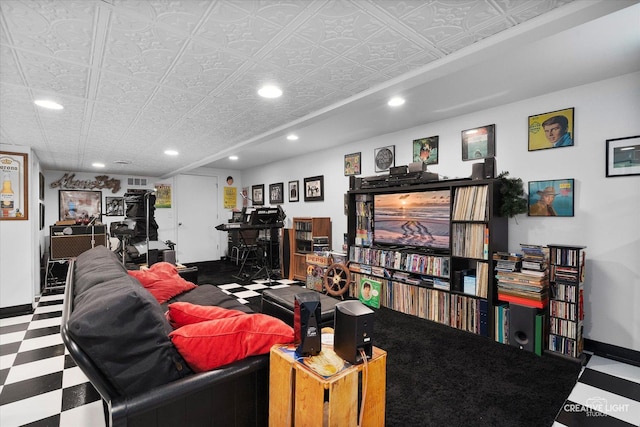 7512 Prairieside Dr, Plainfield, IL 60586 - living room featuring recessed lighting, an ornate ceiling, and tile patterned floors