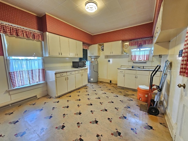 216 E Delaware St, Dwight, IL 60420 - kitchen with electric water heater, light flooring, light countertops, and crown molding