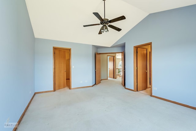 1884 Shore Line Ct, Romeoville, IL 60446 - unfurnished bedroom featuring light carpet, high vaulted ceiling, and a ceiling fan
