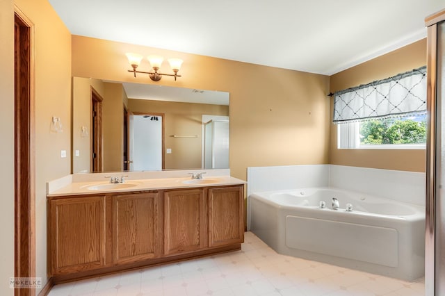 1884 Shore Line Ct, Romeoville, IL 60446 - bathroom featuring a whirlpool tub, double vanity, tile patterned floors, and a shower with door