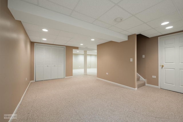 1884 Shore Line Ct, Romeoville, IL 60446 - finished basement with a paneled ceiling, carpet floors, recessed lighting, and stairway