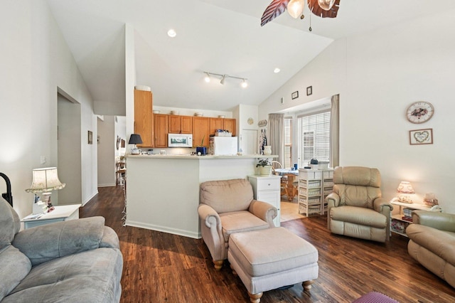 13120 Birmingham Ct, Beach Park, IL 60083 - living room featuring a ceiling fan, high vaulted ceiling, and dark wood finished floors