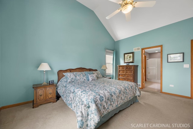2436 Haider Ave, Naperville, IL 60564 - carpeted bedroom featuring high vaulted ceiling, ceiling fan, and ensuite bath