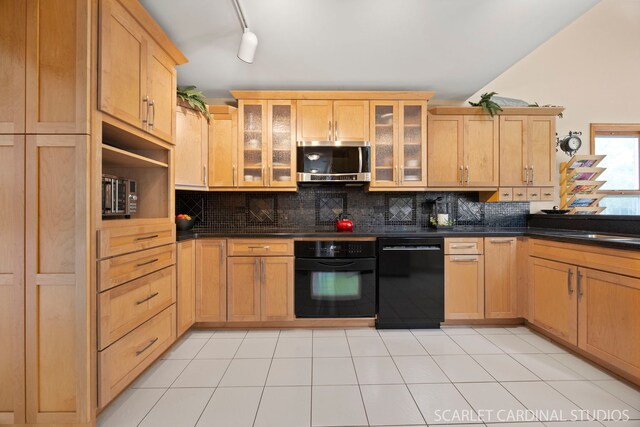 2436 Haider Ave, Naperville, IL 60564 - kitchen featuring black appliances, tasteful backsplash, dark countertops, glass insert cabinets, and light brown cabinets