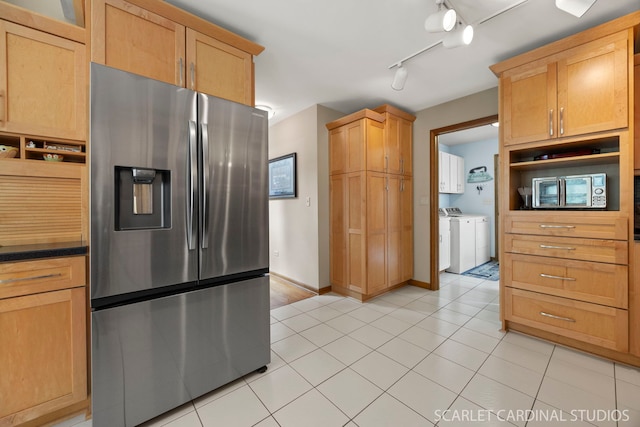 2436 Haider Ave, Naperville, IL 60564 - kitchen featuring stainless steel appliances, washer and clothes dryer, light tile patterned flooring, dark countertops, and track lighting