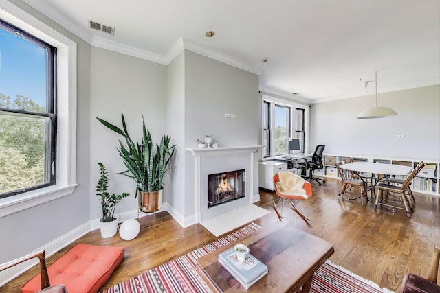 3253 W Palmer St Unit 301, Chicago, IL 60647 - living room with crown molding, wood finished floors, and a fireplace with flush hearth