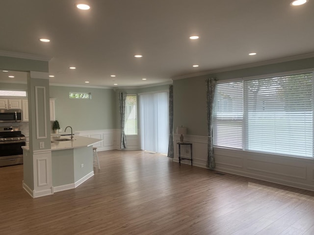 13065 Big Horn Dr, Huntley, IL 60142 - kitchen with stainless steel appliances, a decorative wall, wood finished floors, recessed lighting, and a wainscoted wall