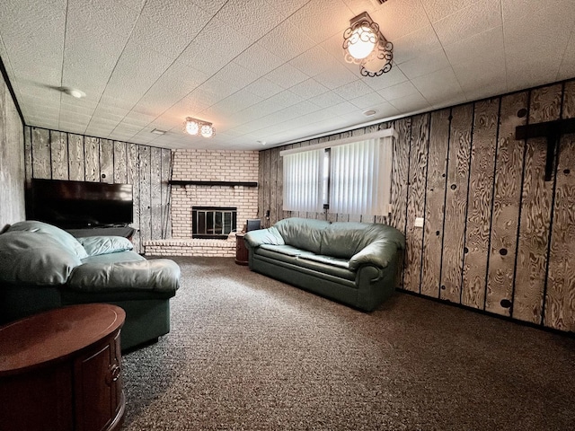 6631 W 89th Pl, Oak Lawn, IL 60453 - carpeted living room featuring wood walls and a brick fireplace