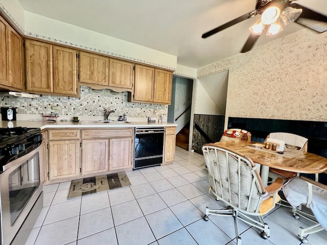 6631 W 89th Pl, Oak Lawn, IL 60453 - kitchen with dishwasher, stainless steel stove, wainscoting, light countertops, and ceiling fan