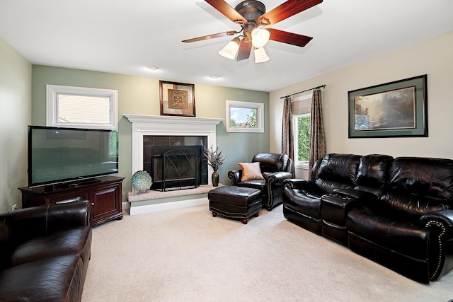 1920 Summerfield Ln, Bourbonnais, IL 60914 - carpeted living area with a fireplace and a ceiling fan