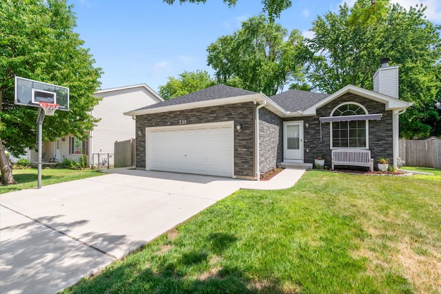 231 E Fullerton Ave, Glendale Heights, IL 60139 - single story home with a garage, a chimney, concrete driveway, stone siding, and a shingled roof