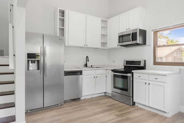 720 W Terrace St, Villa Park, IL 60181 - kitchen featuring appliances with stainless steel finishes, open shelves, white cabinetry, and light countertops