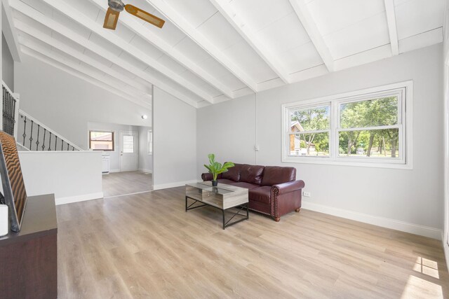 720 W Terrace St, Villa Park, IL 60181 - living area featuring wood finished floors, beam ceiling, ceiling fan, and high vaulted ceiling