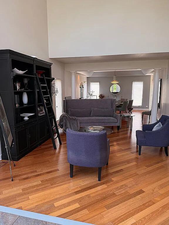 06N274 W Ridgewood Ln, Saint Charles, IL 60175 - living room featuring ornate columns, light wood finished floors, and a high ceiling