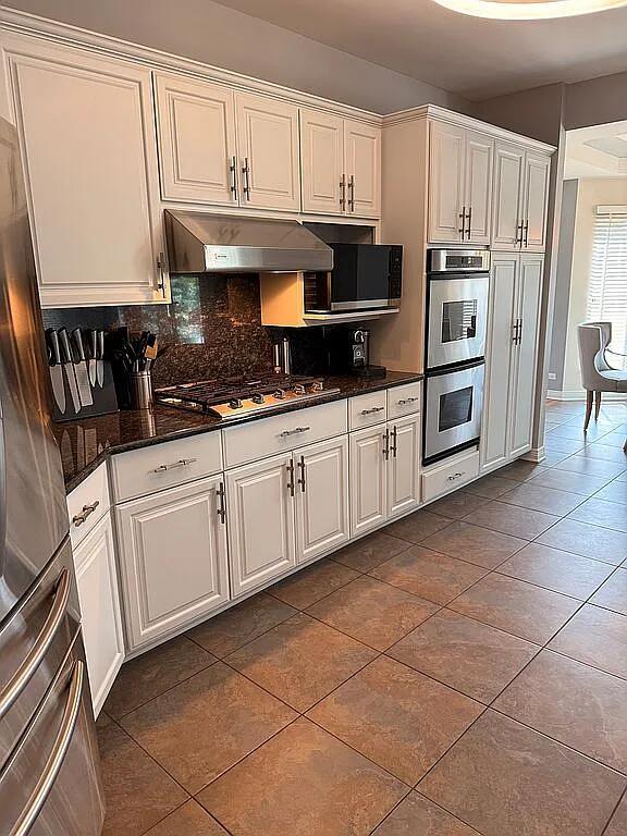 06N274 W Ridgewood Ln, Saint Charles, IL 60175 - kitchen with under cabinet range hood, stainless steel appliances, decorative backsplash, and dark tile patterned floors
