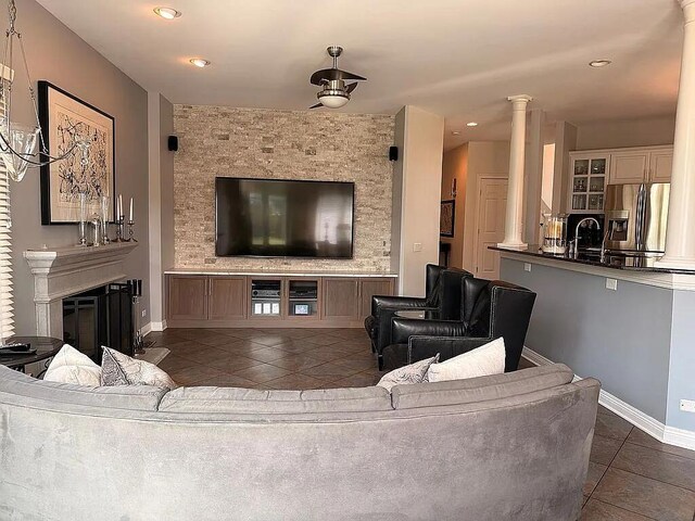 06N274 W Ridgewood Ln, Saint Charles, IL 60175 - tiled living area with a glass covered fireplace, recessed lighting, and a ceiling fan