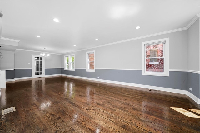 8051 S Paxton Ave, Chicago, IL 60617 - unfurnished living room featuring a chandelier, crown molding, wood finished floors, and recessed lighting
