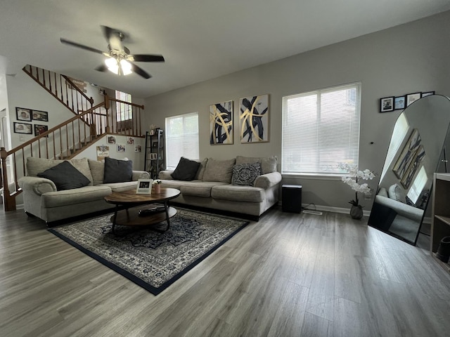 14143 S Napa Cir, Plainfield, IL 60544 - living room featuring wood finished floors, stairway, and ceiling fan