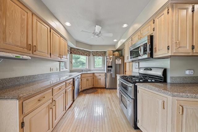 10732 Revere Rd, Mokena, IL 60448 - kitchen featuring appliances with stainless steel finishes, light brown cabinetry, ceiling fan, recessed lighting, and light wood-type flooring
