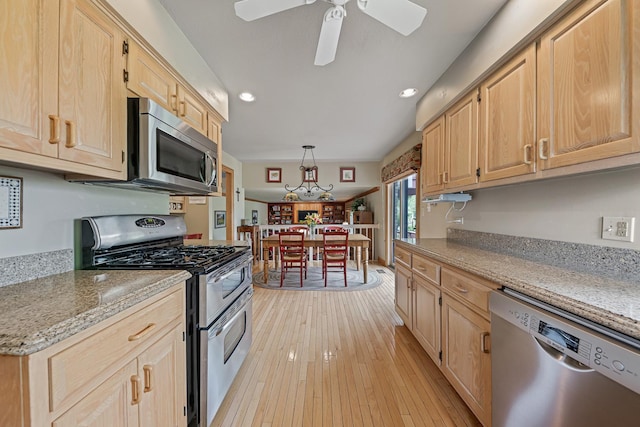 10732 Revere Rd, Mokena, IL 60448 - kitchen with appliances with stainless steel finishes, light brown cabinets, recessed lighting, ceiling fan, and light wood-style floors