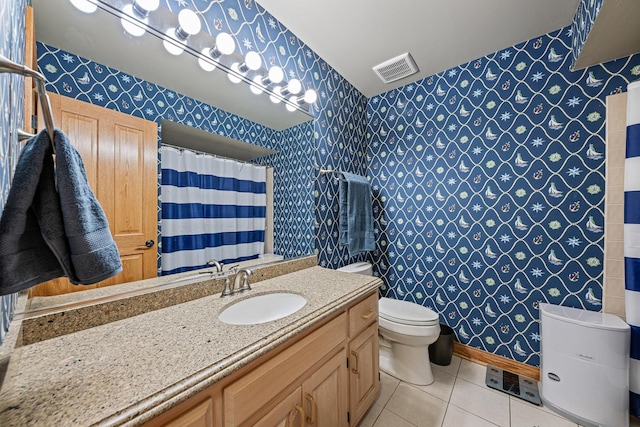 10732 Revere Rd, Mokena, IL 60448 - bathroom featuring wallpapered walls, tile patterned floors, vanity, and curtained shower