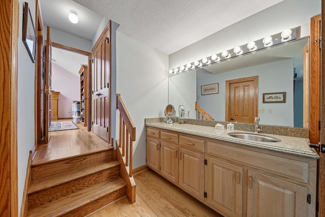 10732 Revere Rd, Mokena, IL 60448 - bathroom with vanity, wood finished floors, a textured ceiling, and lofted ceiling