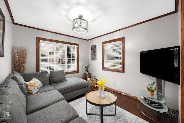 7314 W 113th Pl, Worth, IL 60482 - living room featuring wood finished floors, crown molding, and a chandelier