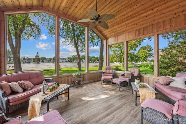 1913 N Woodlawn Park Ave, Mchenry, IL 60051 - sunroom / solarium with outdoor lounge area, vaulted ceiling, a water view, ceiling fan, and healthy amount of natural light