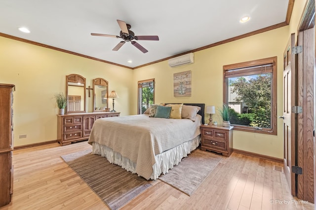 1913 N Woodlawn Park Ave, Mchenry, IL 60051 - bedroom featuring a wall mounted air conditioner, light wood-type flooring, crown molding, a ceiling fan, and recessed lighting