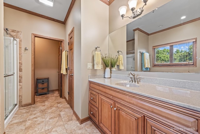 1913 N Woodlawn Park Ave, Mchenry, IL 60051 - bathroom featuring ornamental molding, vanity, and a shower stall