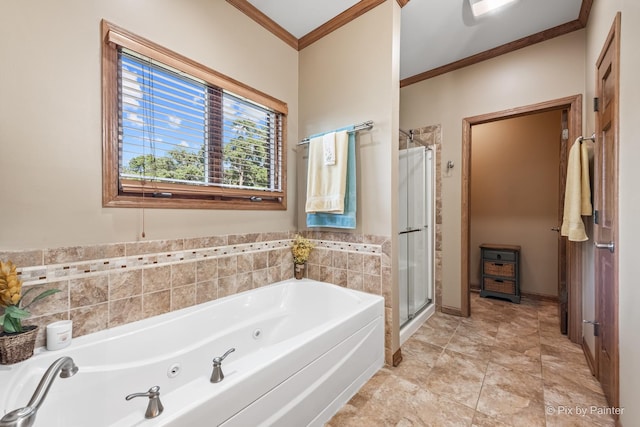 1913 N Woodlawn Park Ave, Mchenry, IL 60051 - bathroom featuring ornamental molding, a jetted tub, and a shower stall