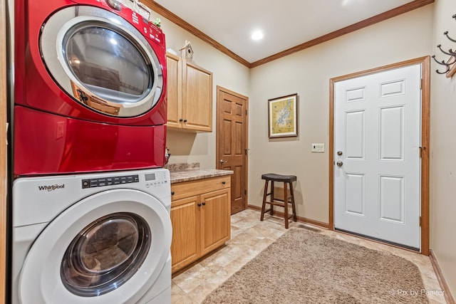 1913 N Woodlawn Park Ave, Mchenry, IL 60051 - laundry room with estacked washer and dryer, cabinet space, and crown molding