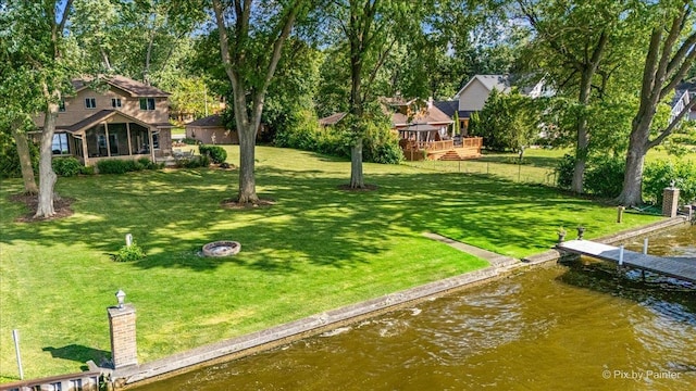 1913 N Woodlawn Park Ave, Mchenry, IL 60051 - view of green lawn with a deck with water view, view of scattered trees, and a boat dock